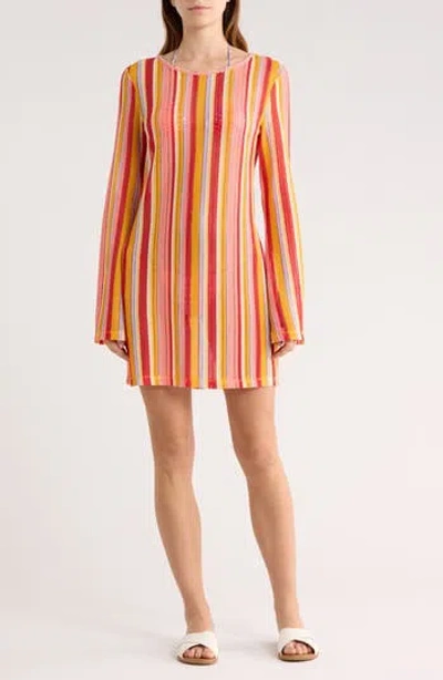 Abound Stripe Crochet Bell Sleeve Cover-up Dress In Orange