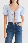 Abound Tie Front Cotton Poplin Crop Top In Blue Feather Nicole Stripe