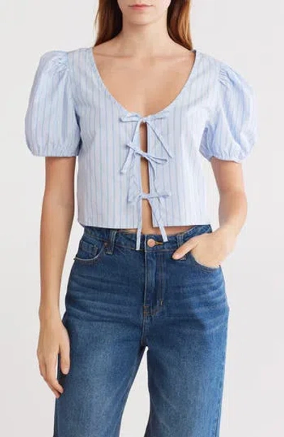 Abound Tie Front Cotton Poplin Crop Top In Blue Feather Nicole Stripe