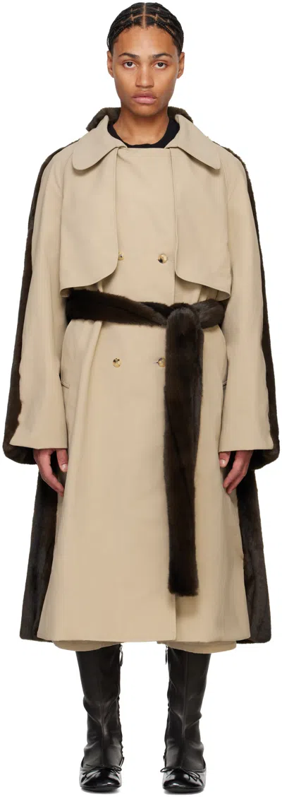Abra Beige & Brown Hybrid Faux-fur Trench Coat In Beige 79