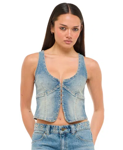 Abrand Juniors' Coyote Cropped Studded Scoop-neck Denim Vest In Blue