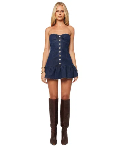 Abrand Juniors' Honey Pie Strapless Mini Ruffled-hem Denim Dress In Dark Blue