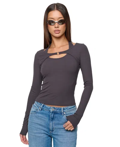 Abrand Juniors' Pixie Long-sleeve Halter Cutout T-shirt In Charcoal