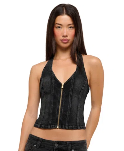 Abrand Juniors' Wild At Heart Denim Cropped Halter Top In Ember