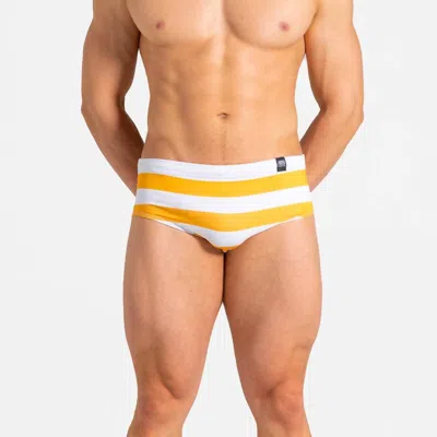 Abreu Clothing Men's Classic Mustard & Blanco Horizontal Swim Brief In Yellow And White In Multi