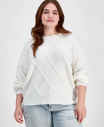 Absolutely Famous Trendy Plus Size Crewneck Faux-pearl-trim Sweater In Ivory