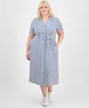 Absolutely Famous Trendy Plus Size Tied Shirtdress In Pitch Navy Combo
