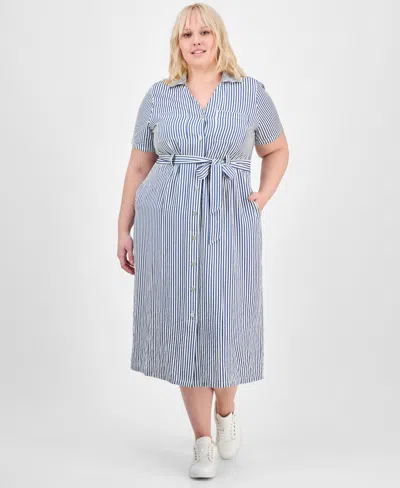 Absolutely Famous Trendy Plus Size Tied Shirtdress In Pitch Navy Combo