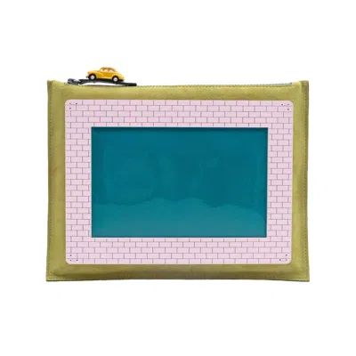 Absurde Women's Green / Pink / Blue Swimming Pool Suede Pouch With Yellow Car In Multi