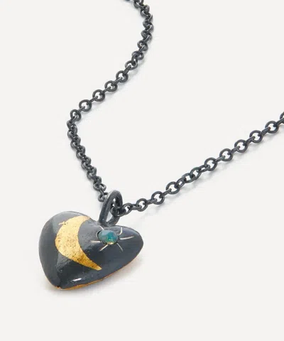 Acanthus 24ct Gold And Oxidised Silver Heart Opal Crescent Pendant Necklace