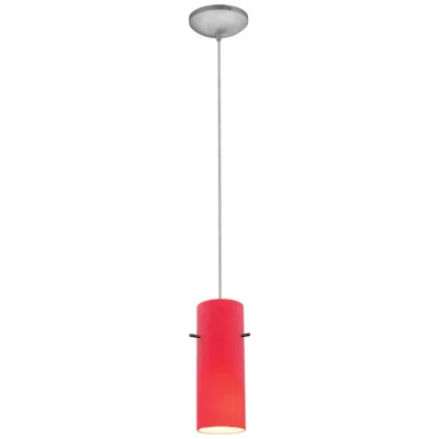 Access Cylinder - E26 Led Cord Pendant - Brushed Steel Finish, Red Glass Shade