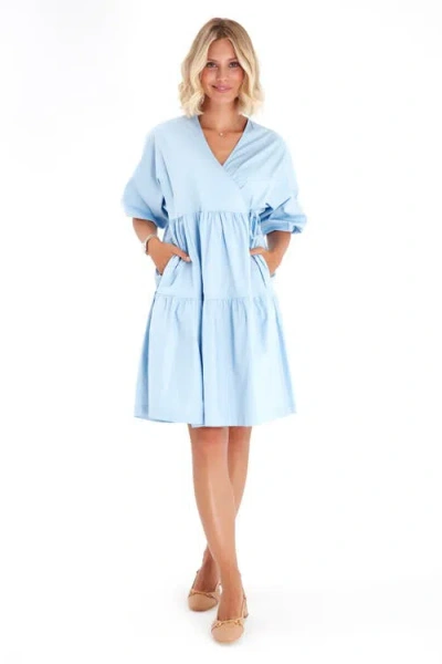 Accouchée Waterfall Tie Waist A-line Maternity/nursing Wrap Dress In Blue