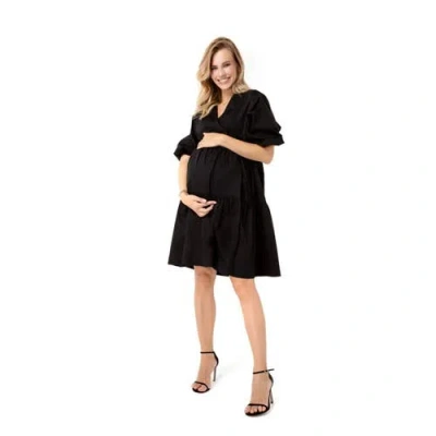 Accouchée Waterfall Tie Waist A-line Maternity/nursing Wrap Dress In Black
