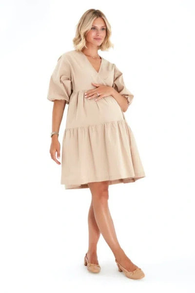 Accouchée Waterfall Tie Waist A-line Maternity/nursing Wrap Dress In Neutral