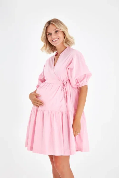 Accouchée Waterfall Tie Waist A-line Maternity/nursing Wrap Dress In Pink