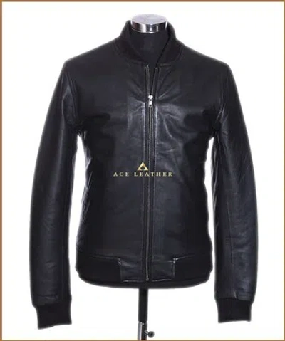 Pre-owned Ace 70's Mens Leather Bomber Jacket Black Baseball Style Real Napa Leather Jacket