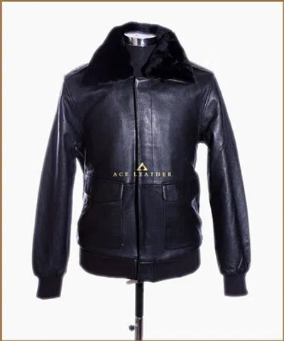 Pre-owned Ace A2 Bomber Black Mens Fur Colar Vintage Aviator Lambskin Leather Jacket