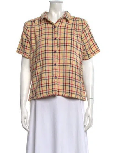 Pre-owned Ace & Jig Plaid Print Short Sleeve Button-up Top In Yellow