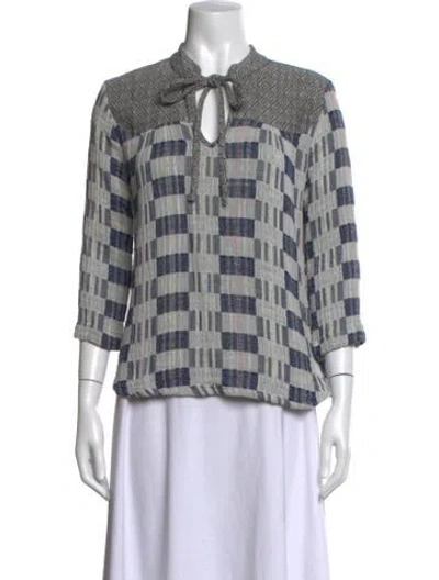 Pre-owned Ace & Jig Plaid Print Tie Neck Top In Blue