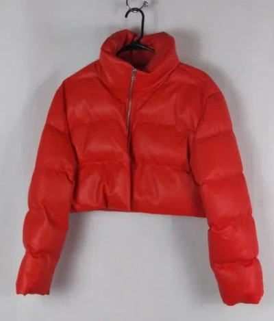 Pre-owned Ace Staud Cropped  Puffer Coat Vegan Leather Cherry Full Zipper Women's Size S In Red