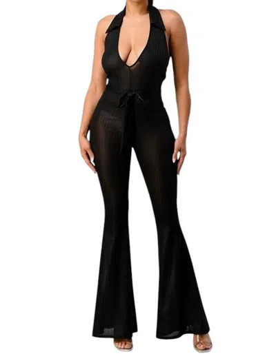 Aced It Lurex Rib Deep V-line Disco Jumpsuit In Black