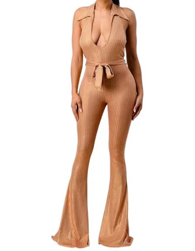 Aced It Lurex Rib Deep V-line Disco Jumpsuit In Gold