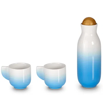 Acera Blue / White Bloom Carafe Set - Cups With Handles - Blue, White