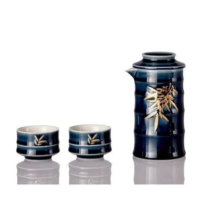 Acera Gold / Blue Bamboo Kungfu Tea Set 1 Pot With 2 Cups With Carrying Case- Sapphire Blue /gold
