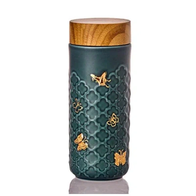 Acera Gold / Green Butterfly Tea Tumbler - Peacock Green And Hand-painted Gold In Brown