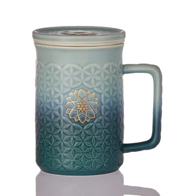 Acera Gold / Green Flower Of Life 3-in-1 Tea Mug With Infuser - Mint Green & Green Ombre / Hand-painted Go In Blue