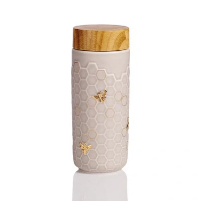 Acera Gold / Grey Honey Bee Ceramic Travel Mug - Grey And Hand-painted Gold In Gray