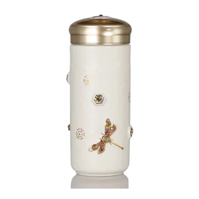 Acera Gold / White Dragonfly Serenity Travel Mug With Crystals - White And Gold