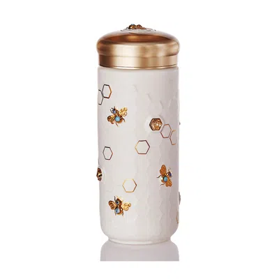 Acera Gold / White Honeybee Travel Mug With Crystals - White And Hand Painted Gold Bees