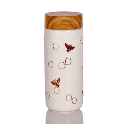Acera Gold / White / Red Honey Bee Ceramic Travel Mug - White With Hand- Gold, Red, White