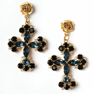 Achala Handcrafted Women's Black / Blue / Gold Crystal Cross Earrings