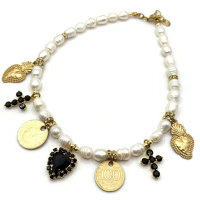 Achala Handcrafted Women's Black / Gold / White Freshwater Pearl Necklace With Black Crystal Heart Pendant In Multi