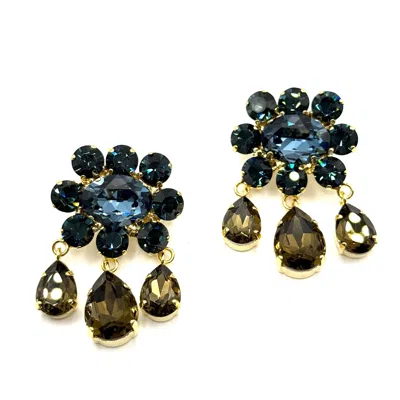 Achala Handcrafted Women's Blue / Brown Midnight Crystal Floral Drop Earrings In Multi