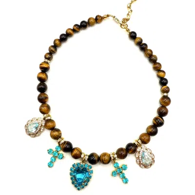 Achala Handcrafted Women's Brown / Blue Hartley Tiger Eye Hear Pendant Necklace In Multi