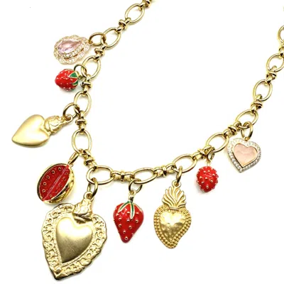 Achala Handcrafted Women's Gold / Pink / Red Strawberry Heart Charm Necklace In Multi