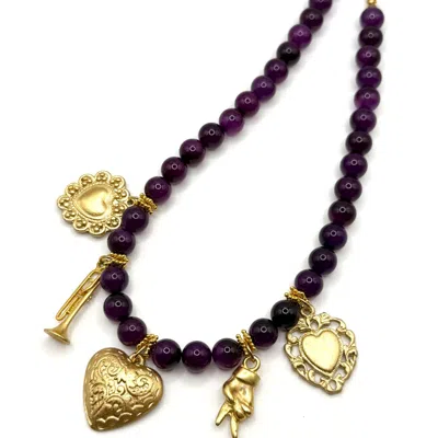 Achala Handcrafted Women's Gold / Purple Puple Jde Heart Charm Necklace In Multi