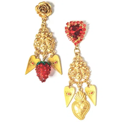 Achala Handcrafted Women's Gold / Red Strawberry Sparkle Earrings In Multi