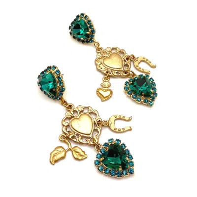 Achala Handcrafted Women's Green / Gold Emerald Green Heart Charm Earrings - Vintage Inspired Chandelier Earrings In Multi