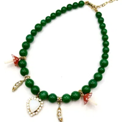 Achala Handcrafted Women's Green / White / Red Mushroom & Heart Pendant Green Necklace In Multi