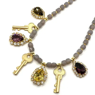 Achala Handcrafted Women's Grey Elegant Crystal Drop Necklace With Key Charms In Gray