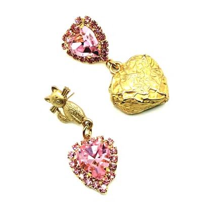 Achala Handcrafted Women's Pink / Gold Pink Heart Cat Charm Earrings In Multi