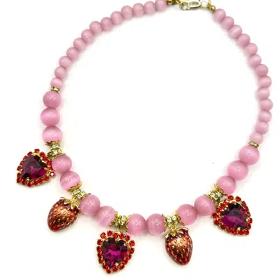 Achala Handcrafted Women's Pink / Red Pink Cat Eye Stone Necklace With Heart & Strawberry Charms In Multi