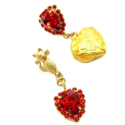 Achala Handcrafted Women's Red / Gold Red Heart Cat Charm Earrings In Multi