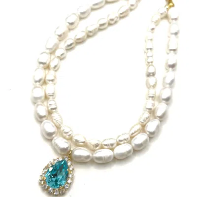 Achala Handcrafted Women's White / Blue / Green Pearl Drop Statement Necklace In White/blue/green