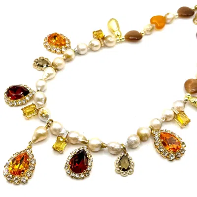 Achala Handcrafted Women's White / Orange / Brown Baroque Pearl Crystal Drop Necklace In Multi