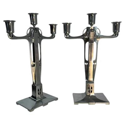 Pre-owned Achille Gamba Pair Of Jugendstil Candlesticks Pewter By  In Silver